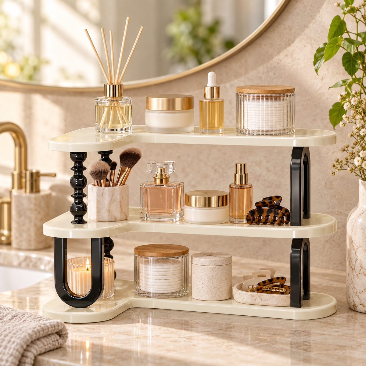 Premium-style corner desktop organizer rack—multifunctional storage for water glasses, mugs, and coffee cups with a sophisticated aesthetic.