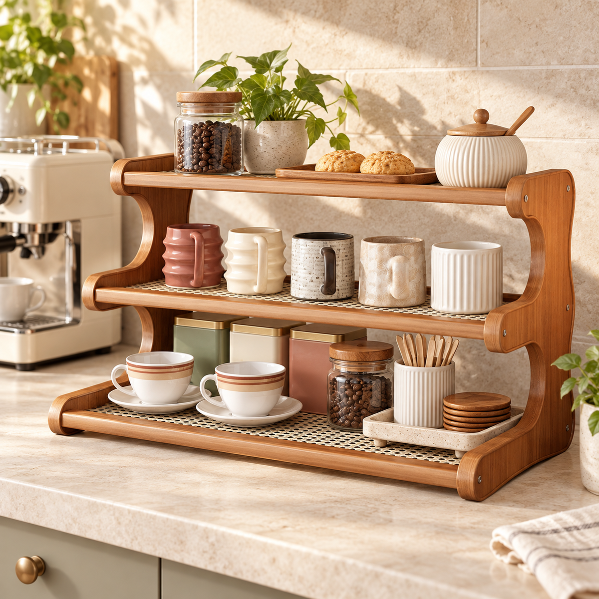 Trapezoidal Faux-Rattan Desktop Organizer / Multi-Tier Draining Tea Set Rack / Desk Riser Shelf