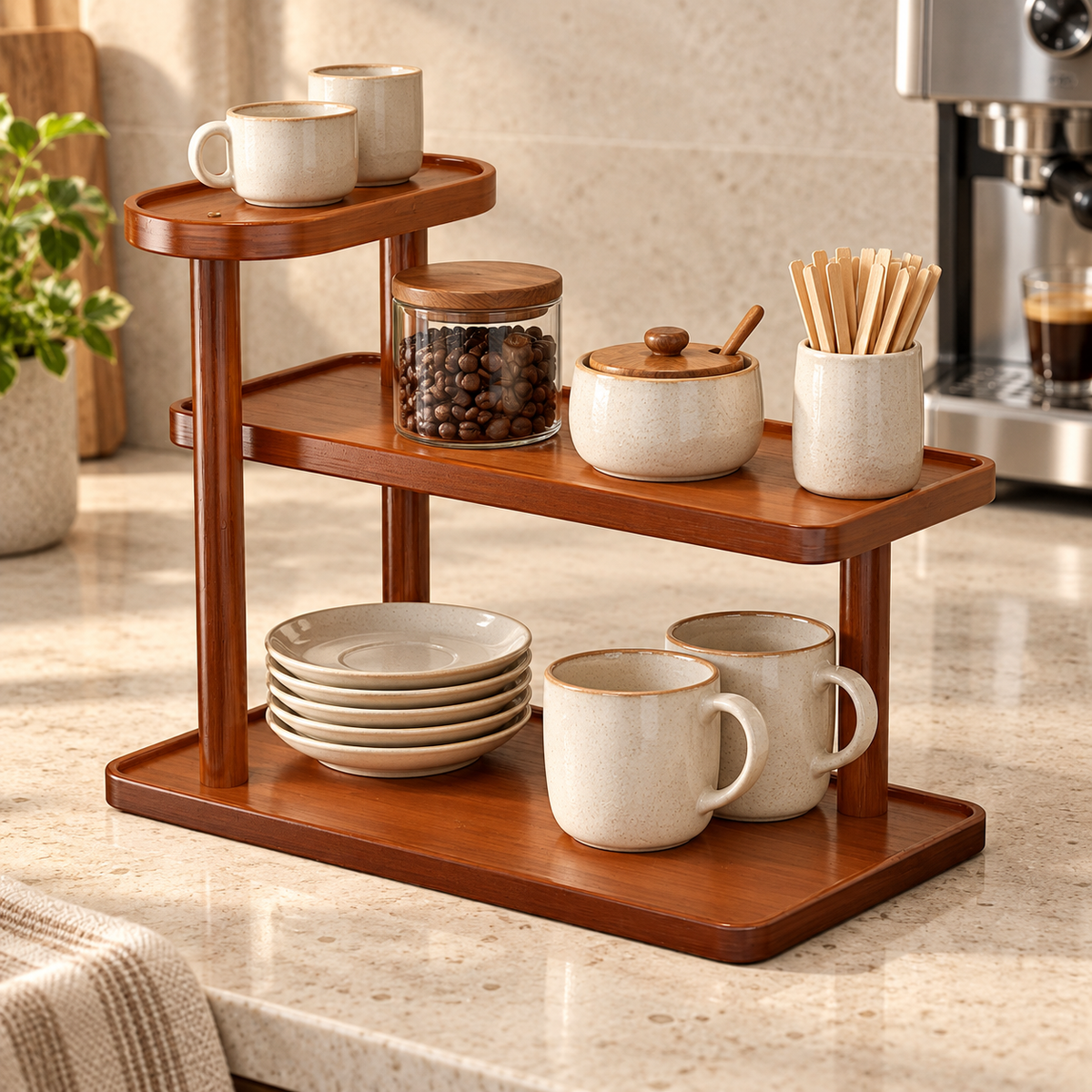 Multi-tier desktop display and storage rack—ideal for home use, tea rooms, and organizing teacups. A practical and stylish storage solution