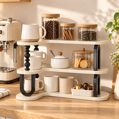 Premium-style corner desktop organizer rack—multifunctional storage for water glasses, mugs, and coffee cups with a sophisticated aesthetic.