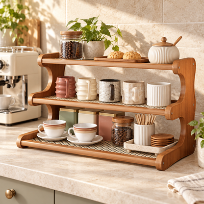 Trapezoidal Faux-Rattan Desktop Organizer / Multi-Tier Draining Tea Set Rack / Desk Riser Shelf